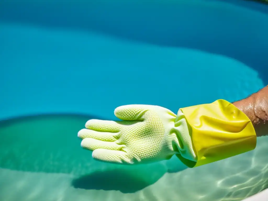 Tratamiento profesional de algas: Cloro en acción en piscina Mano con guante vierte tratamiento de choque de cloro para algas persistentes en piscina, destacando la aplicación profesional y precisa
