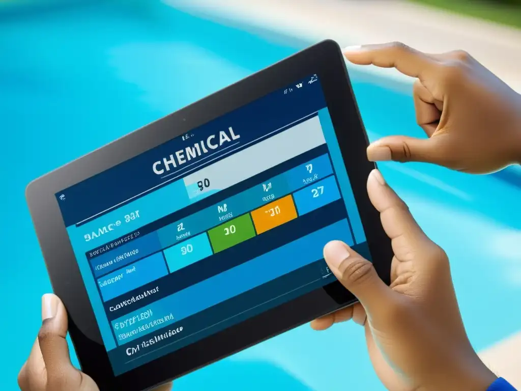 Mano sostiene tablet con cronograma balance químico piscinas, junto a moderna piscina