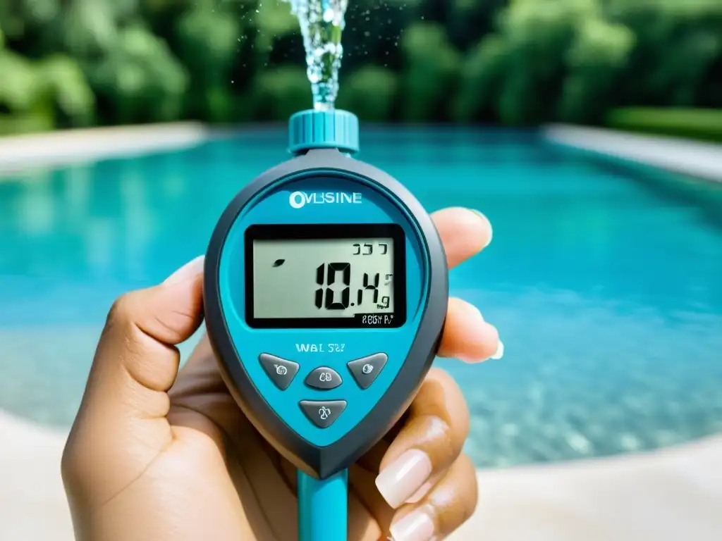 Medición precisa de pH y cloro en piscina cristalina Mano sosteniendo un tester de agua en una piscina cristalina, con niveles precisos de pH y cloro