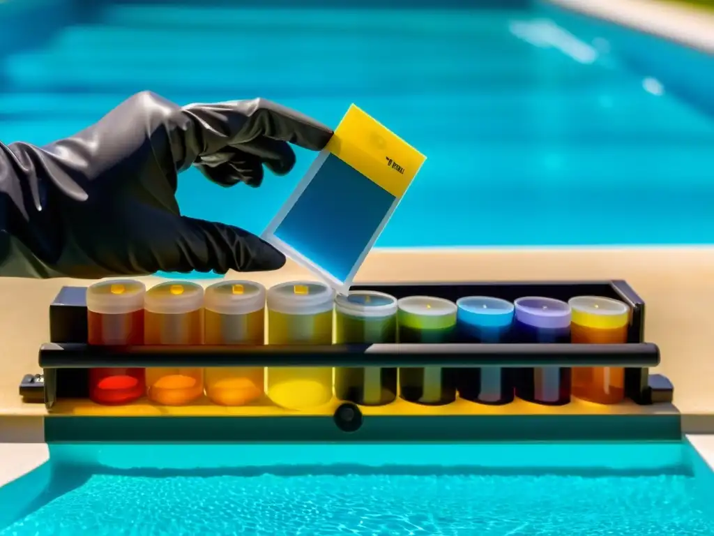 Prueba de equilibrio químico en piscina: precisión y cuidado Manos protegidas realizan prueba de equilibrio químico del agua piscina