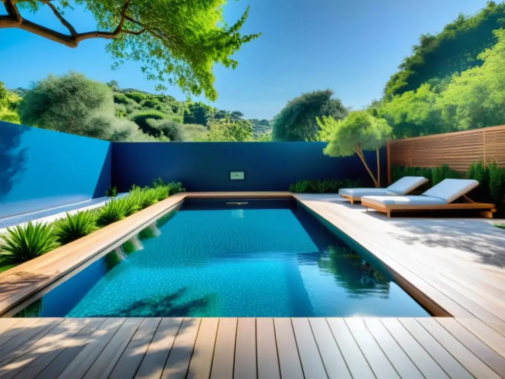 Paraíso ecológico: piscina azul deslumbrante entre naturaleza Materiales ecofriendly para piscinas sostenibles: piscina moderna rodeada de exuberante vegetación, agua azul y reflejos del sol