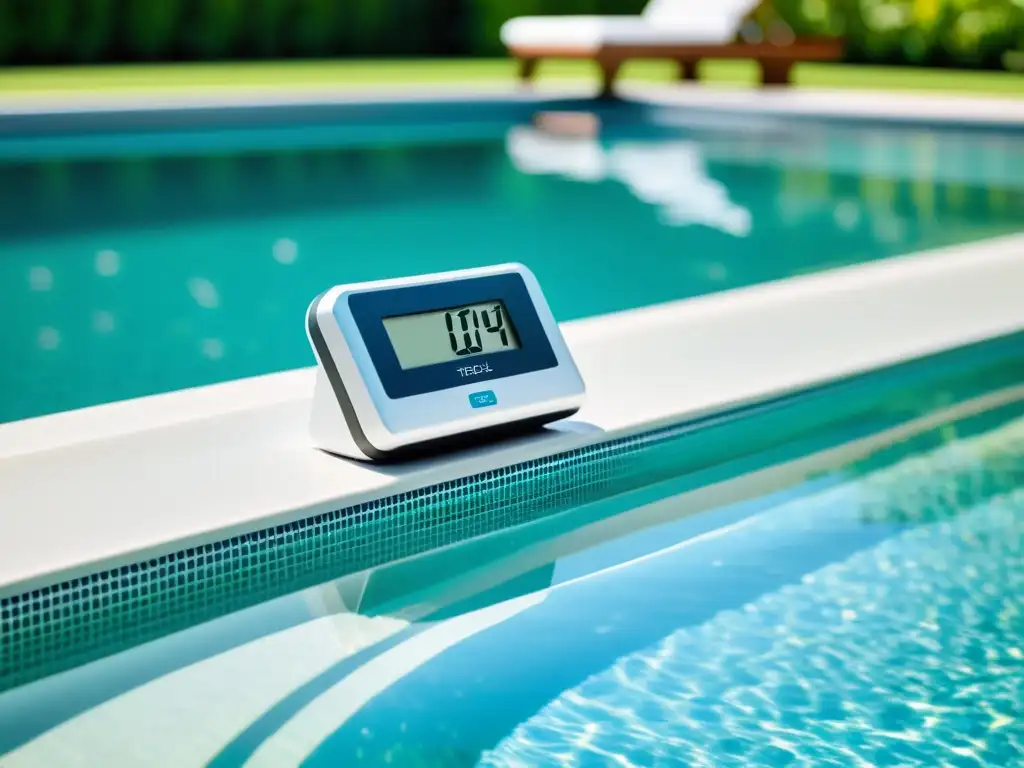 Medidor digital de agua junto a una piscina reluciente Un medidor de agua digital elegante y moderno junto a una piscina reluciente, mostrando lecturas precisas