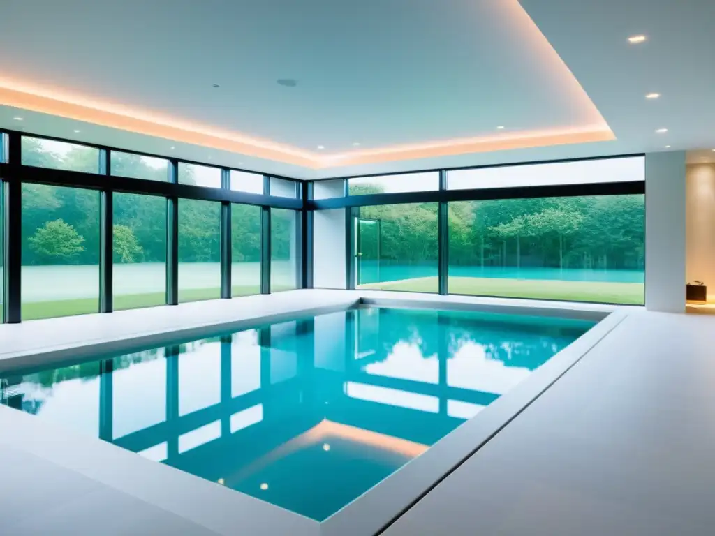 Piscina interior moderna y energéticamente eficiente con vista panorámica Moderna piscina cubierta con sistema de climatización energéticamente eficiente