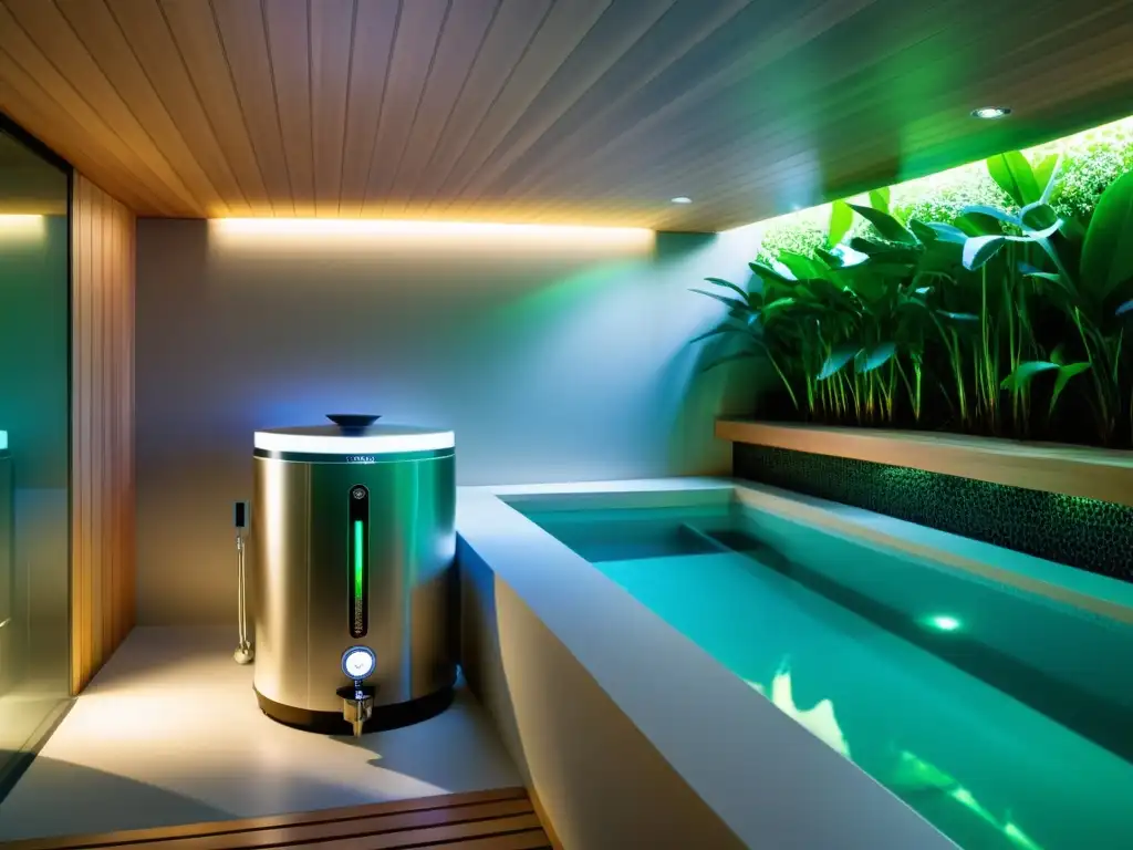 Purificación de agua con tecnología UVC en spa de lujo Moderna tecnología UVC para mejorar calidad agua en spa, purificando el agua con eficiencia y estilo profesional