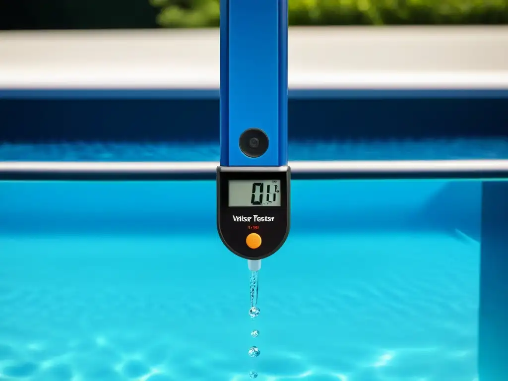 Medidor digital de agua sumergido en piscina cristalina Un moderno tester de agua para piscinas sumergido en una deslumbrante piscina cristalina, mostrando precisión y sofisticación en pruebas de agua