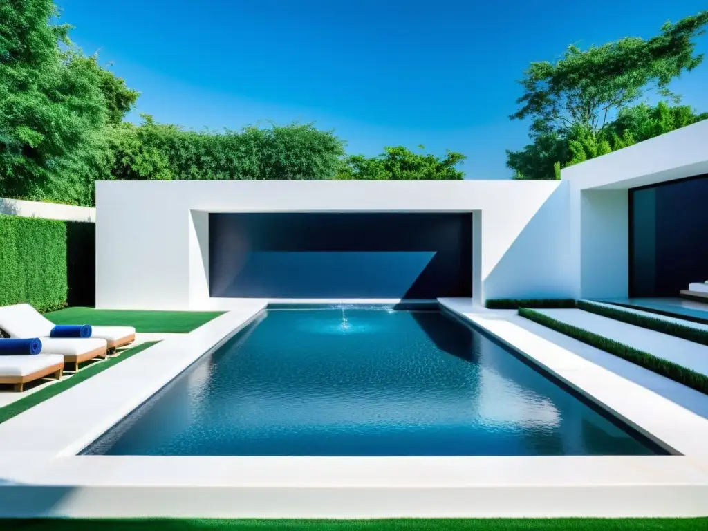Un moderno patio con piscina rectangular y spa integrado, rodeado de líneas limpias de azulejos de mármol blanco