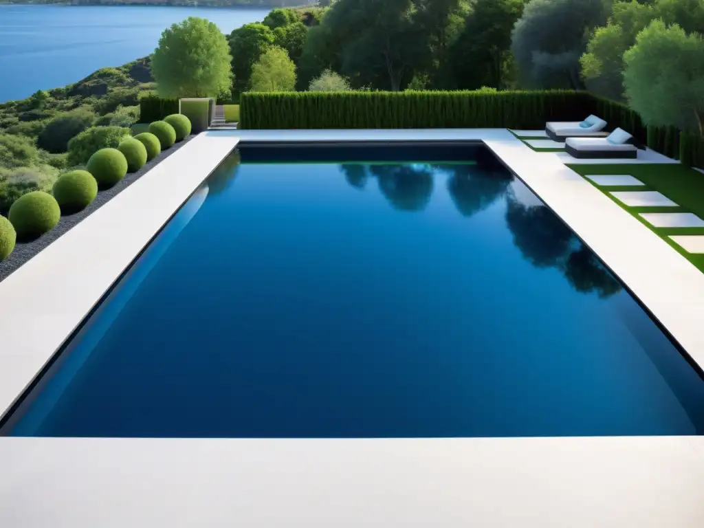 Cubierta de piscina moderna y duradera en azul profundo Un moderno y resistente cobertor de piscina en un agua azul profundo, reflejando el paisaje