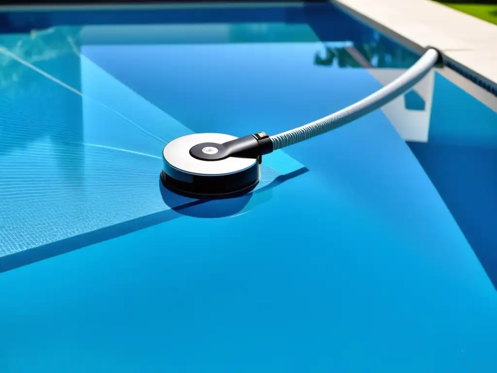 Vacío automático para piscina: tecnología moderna y eficiente Un moderno robot aspirador de piscina deslizándose sin esfuerzo en el agua, creando un ambiente lujoso y eficiente