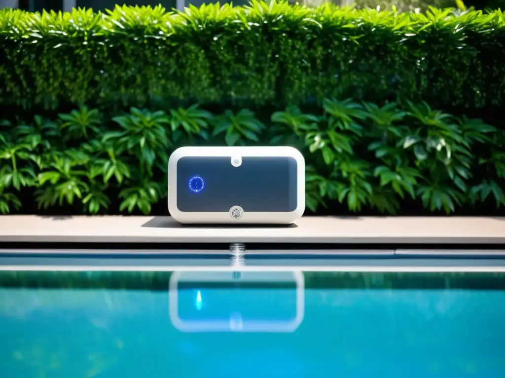 Alarmas de piscina modernas: seguridad y estilo junto a la piscina Moderno sistema de alarma para piscina con diseño minimalista y tecnología inteligente, junto a una piscina azul brillante en un día soleado