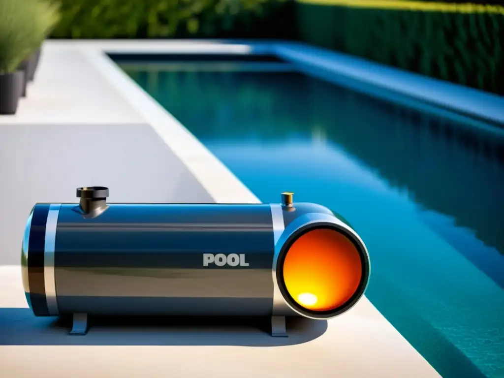 Calentador de piscina moderno: elegancia y tecnología avanzada Un moderno sistema de calentador de piscina, con diseño elegante y tecnología avanzada, bañado por el cálido sol