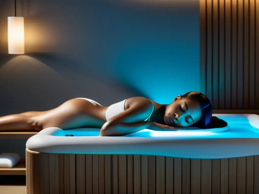 Experiencia de relajación en spa con masaje acuático Una mujer disfruta de los beneficios de un masaje acuático para combatir la celulitis en un spa moderno y relajante