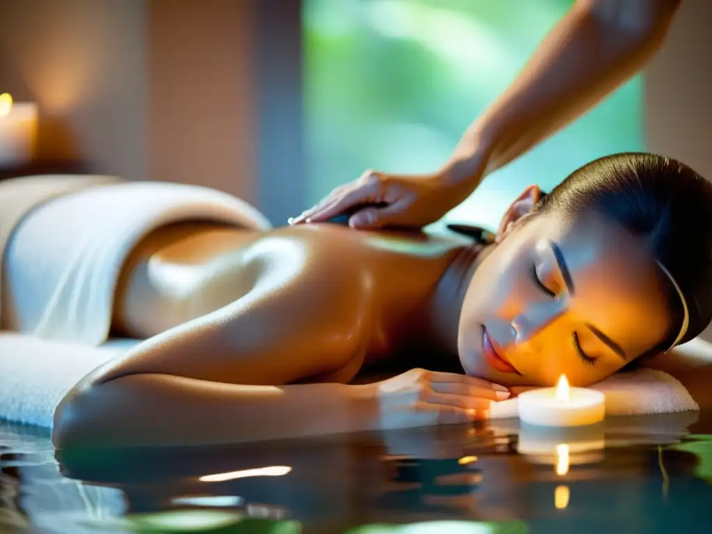 Masaje acuático relajante en spa moderno Una mujer recibe un relajante masaje acuático en un spa sereno, destacando los beneficios para combatir la celulitis