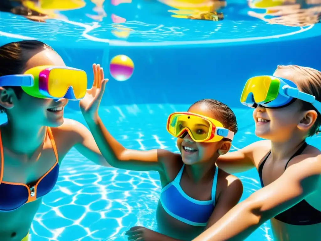 Niños disfrutan juegos de realidad aumentada en la piscina Niños disfrutan de actividades en piscinas con realidad aumentada, tocando objetos virtuales mientras el sol brilla en el agua