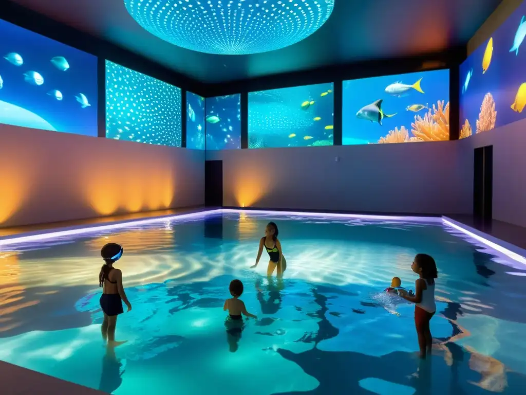 Juegos interactivos en piscina futurista con realidad aumentada Niños disfrutan de actividades en piscinas con realidad aumentada, interactuando con tecnología futurista y luces LED
