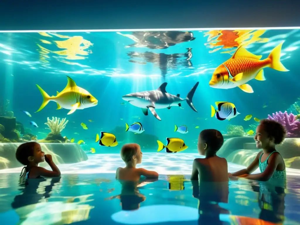 Niños disfrutan de proyecciones de realidad aumentada en la piscina Niños disfrutan de actividades en piscinas con realidad aumentada, rodeados de proyecciones marinas coloridas y asombrados rostros iluminados