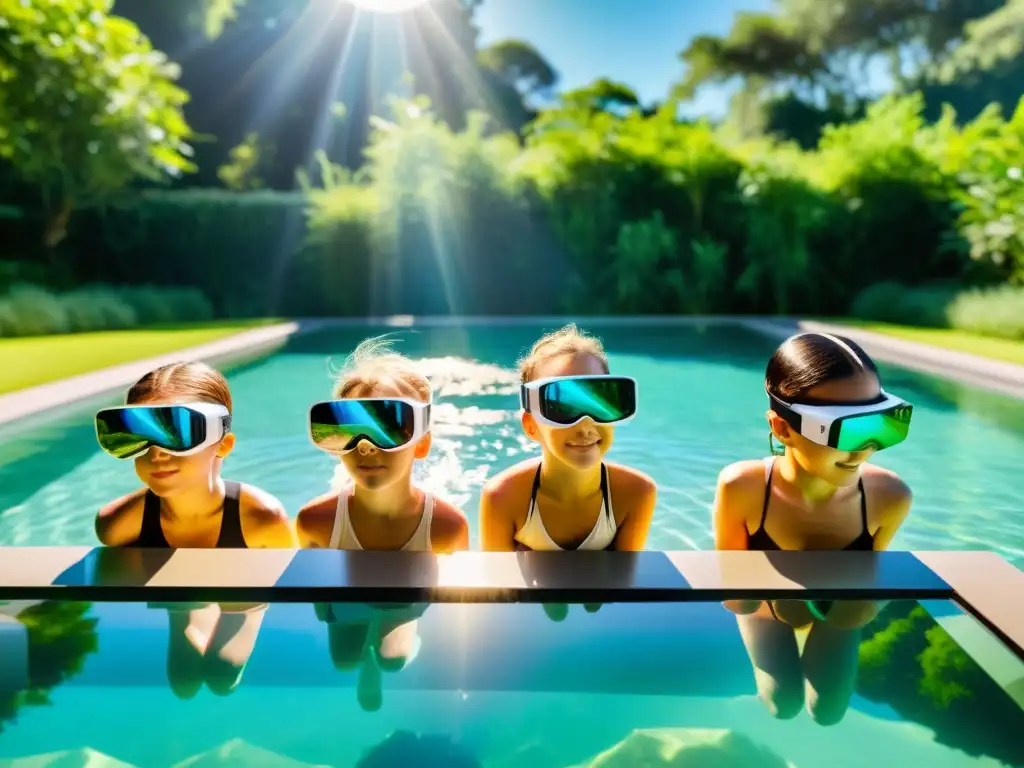 Niños disfrutan de lecciones de natación con realidad aumentada en una piscina cristalina, rodeados de naturaleza y tecnología futurista