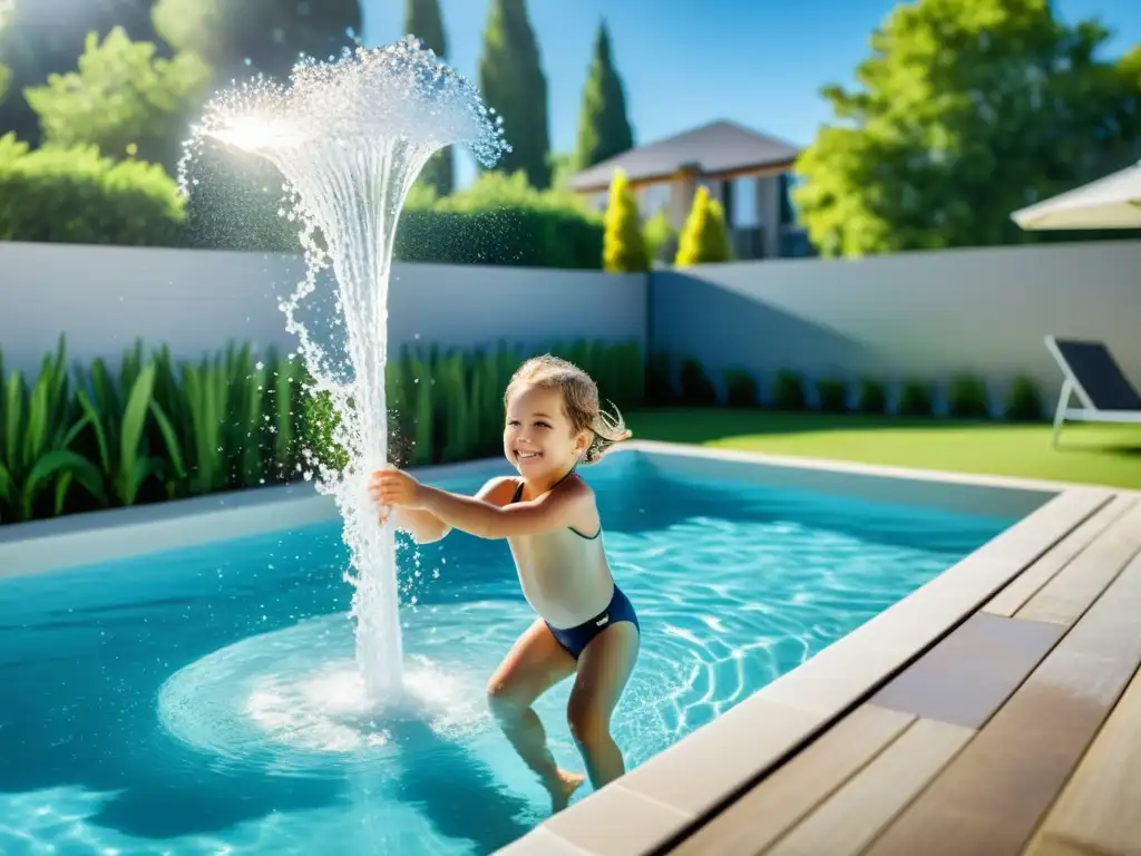 Piscina cristalina: diversión segura con moderno sistema de filtración Niños disfrutan en piscina segura con moderno sistema de filtración