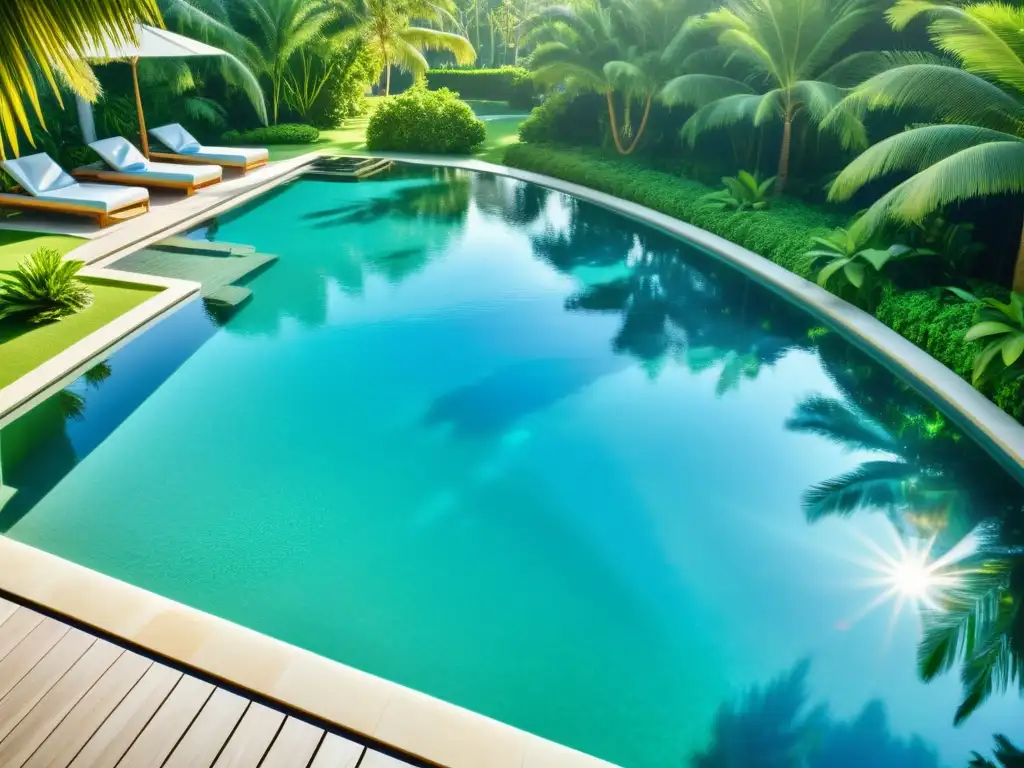 Exuberante piscina cristalina: shock de cloro y relax Un oasis de lujo con piscina cristalina y tratamiento de choque de cloro para algas persistentes, rodeado de palmeras y tumbonas coloridas