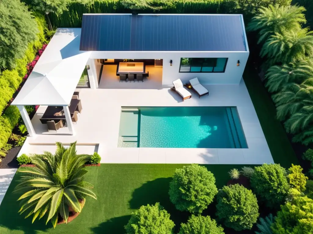 Oasis de lujo: Piscina reluciente y jardín exuberante al atardecer Un oasis de lujo con piscina, naturaleza exuberante y mobiliario elegante