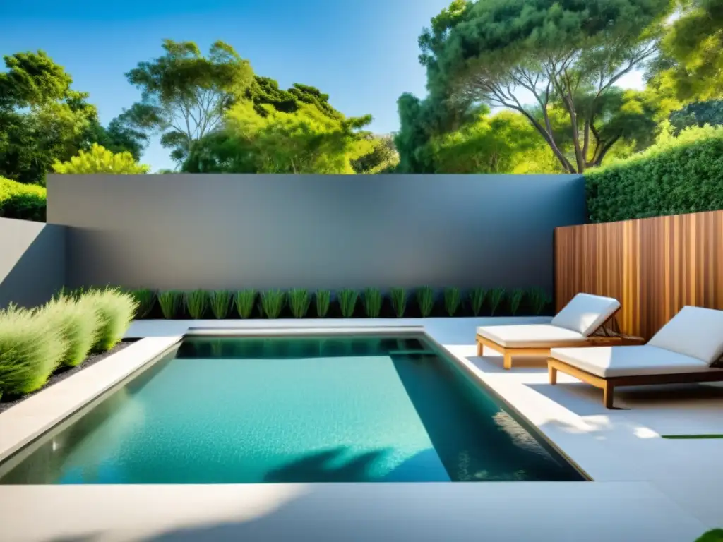Exquisita piscina rectangular en un jardín moderno Un oasis moderno en el hogar con piscina rectangular de tamaño ideal, rodeada de exuberante vegetación y muebles contemporáneos