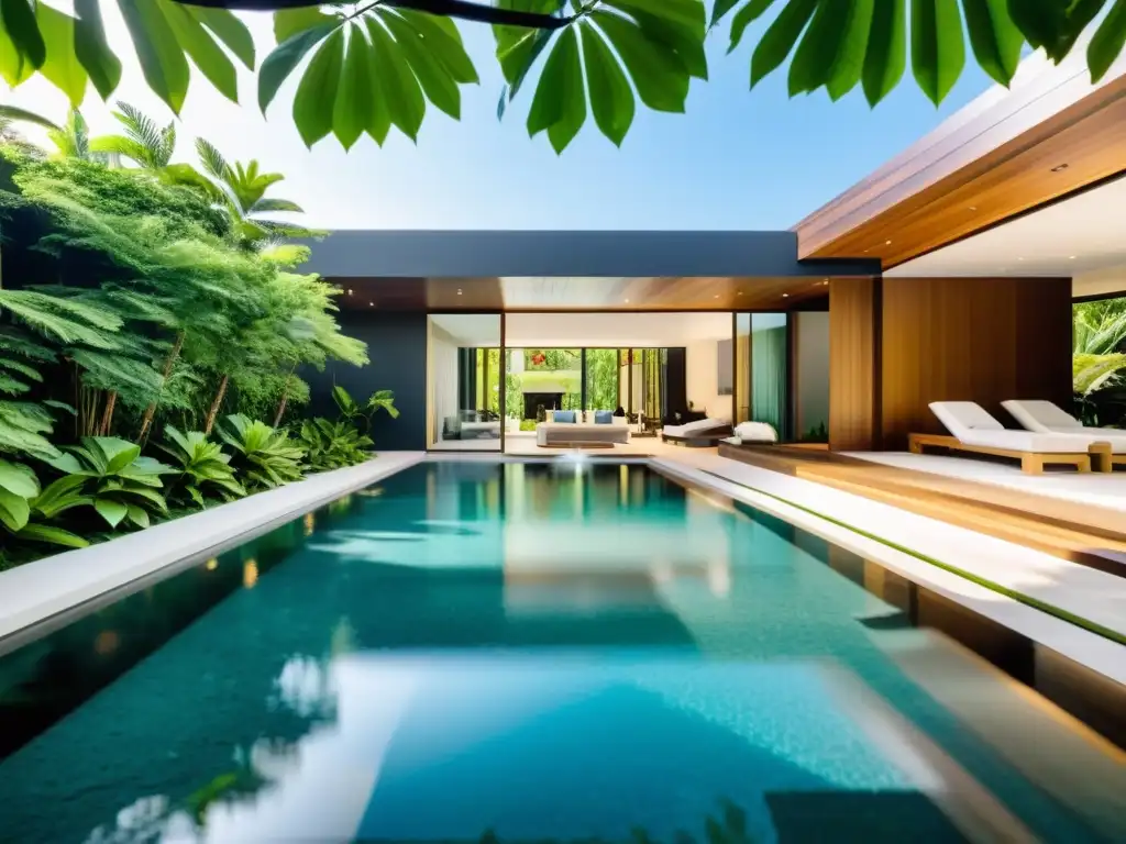 Oasis de piscina serena con diseño feng shui armonioso Oasis de piscina moderna y serena con equilibrio energético, feng shui, agua cristalina y vegetación exuberante