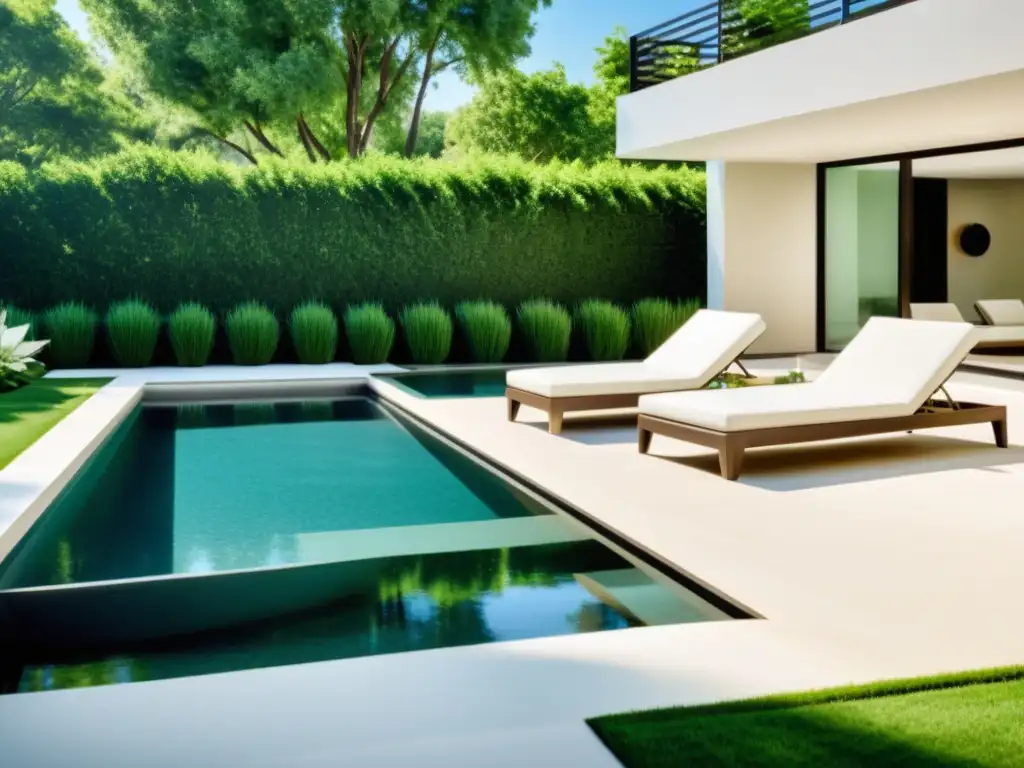 Oasis de lujo: piscina cristalina en un jardín moderno Un oasis de serenidad y lujo con piscina, rodeado de vegetación exuberante