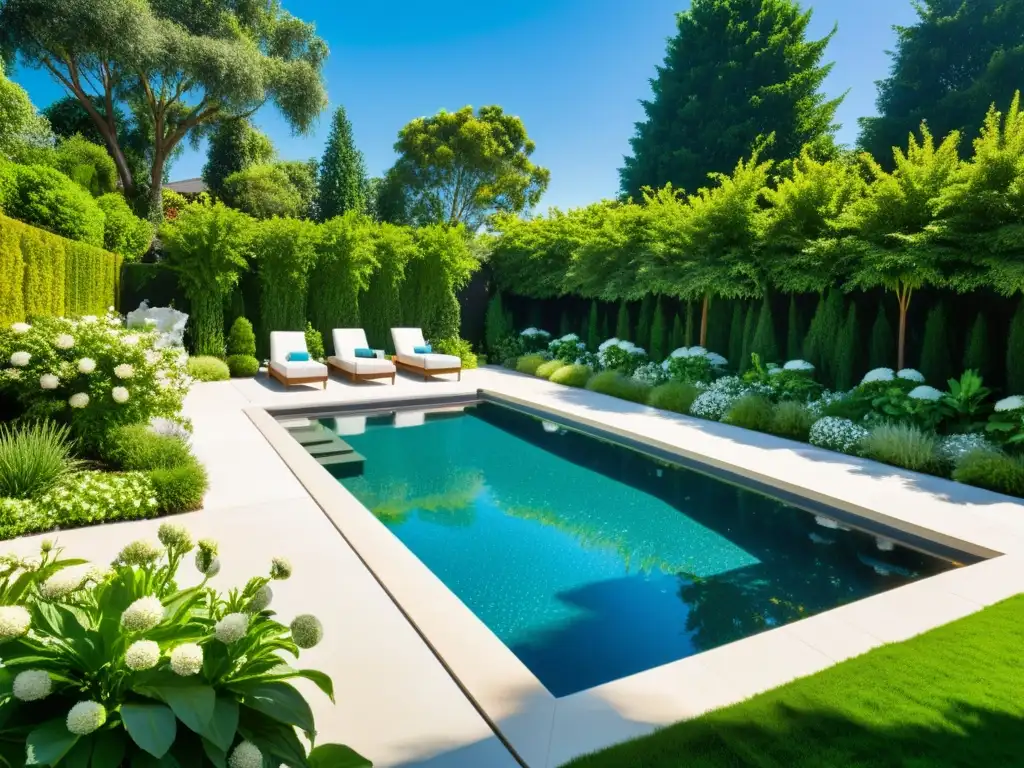Oasis ecológico: piscina cristalina y jardín exuberante Un oasis verde con piscina reluciente y filtración verde para piscinas y spas