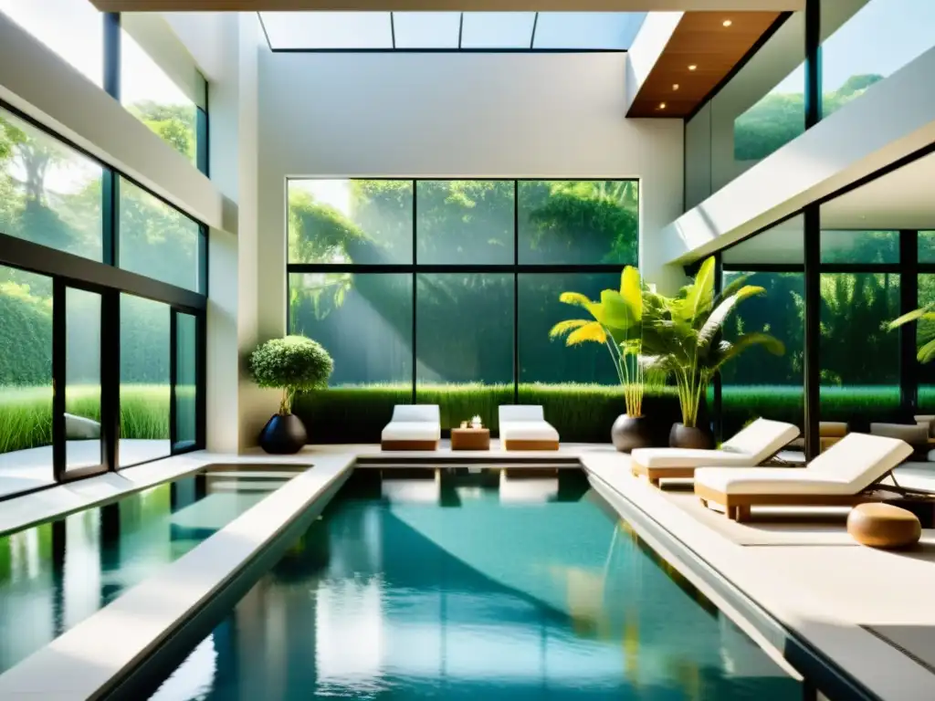 Exclusiva piscina interior moderna con luz natural Opciones climatización piscinas cubiertas: lujosa piscina cubierta con diseño moderno, rodeada de vegetación y luz natural