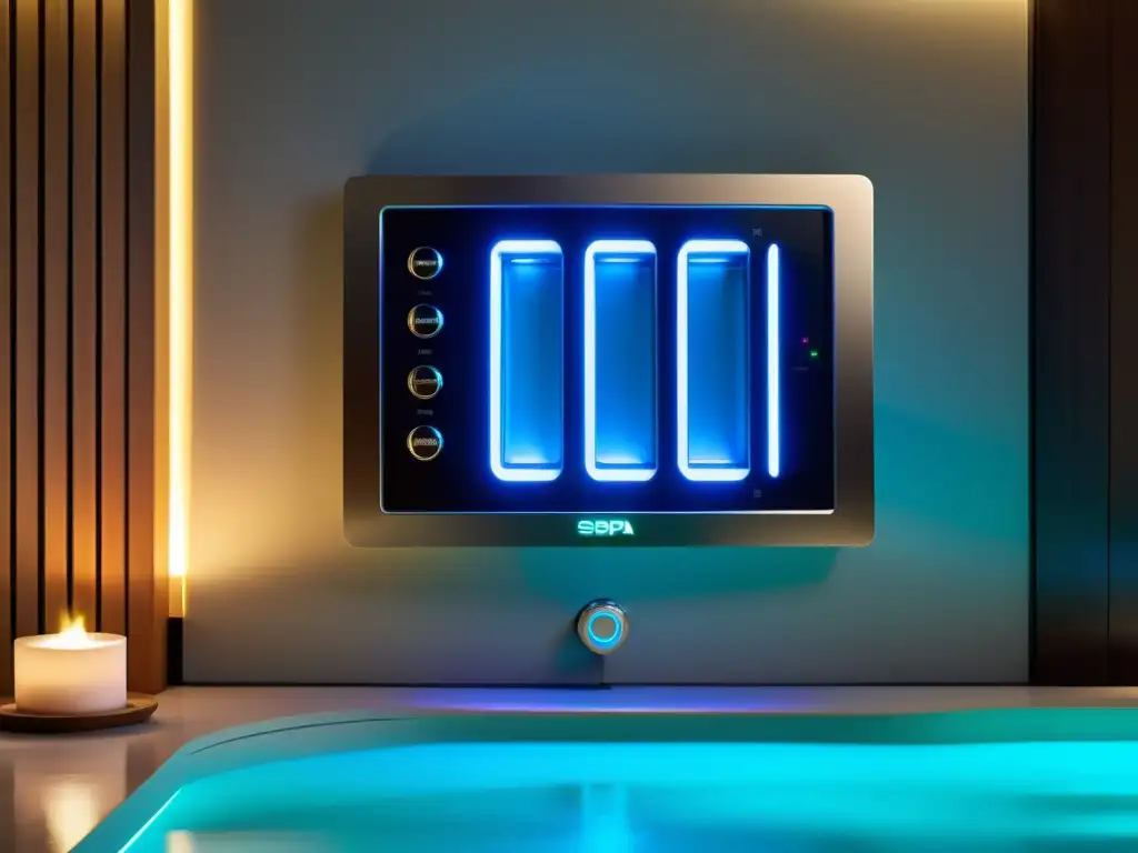 Panel de control elegante y moderno con pantalla táctil LED en un lujoso spa casero