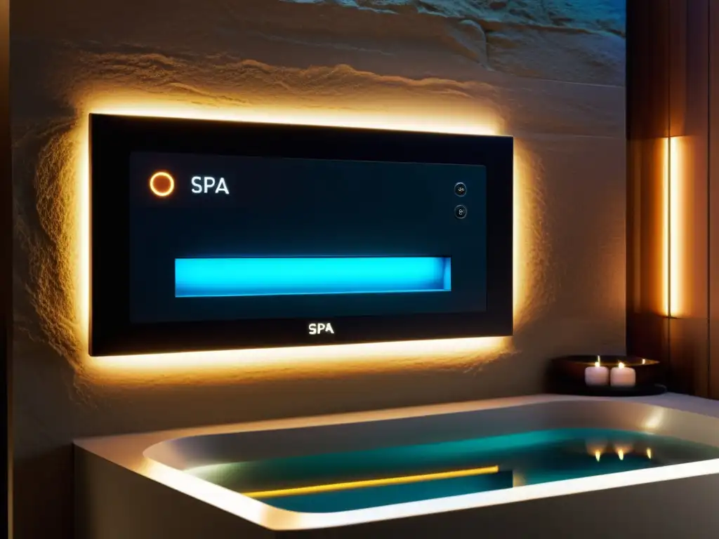 Panel de control futurista para spa casero con personalización controles Smart, en pared de piedra natural y LED ambiental
