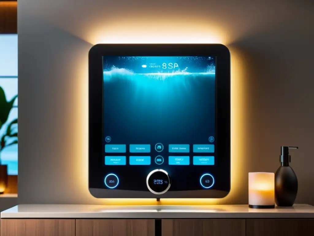 Panel de control de spa casero inteligente con opciones personalizadas, iluminado en un lujoso entorno de spa en casa