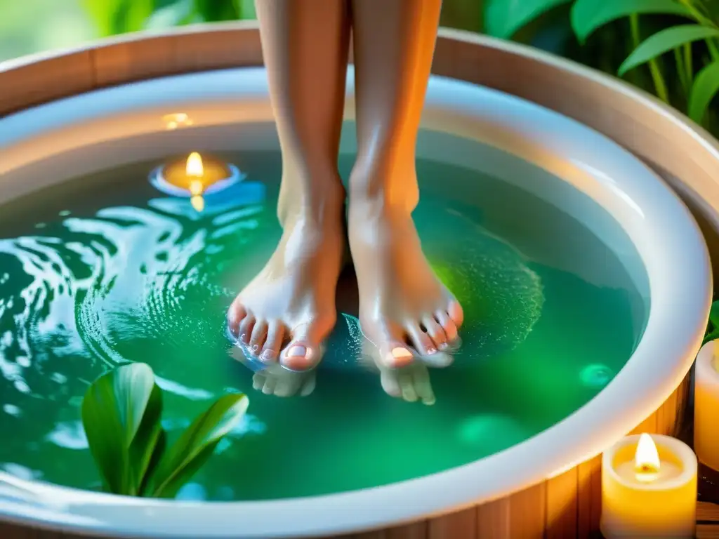 Remojo relajante en spa con burbujas Persona disfrutando de baño terapéutico con agua burbujeante rodeada de vegetación, generando una atmósfera relajante