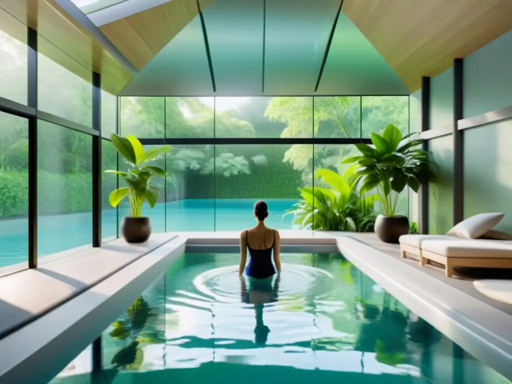 Tranquilidad terapéutica en piscina cubierta Persona realiza ejercicios de natación terapéutica en tranquila piscina interior rodeada de vegetación, con luz natural relajante