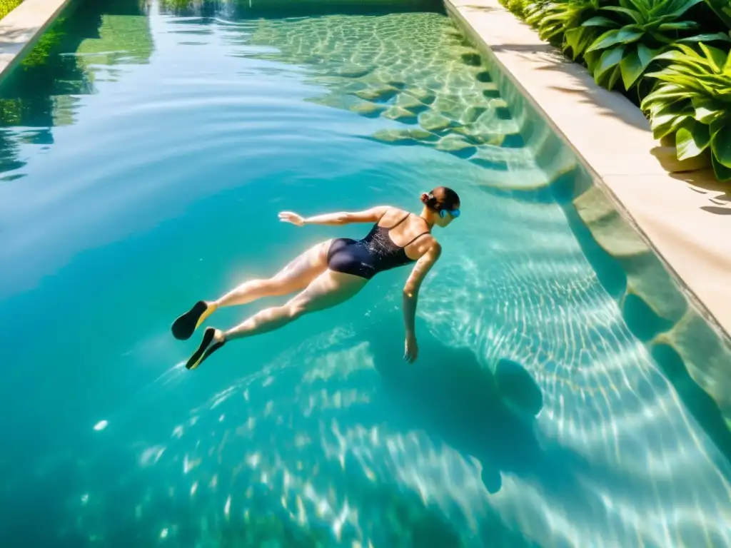 Tranquilidad en el agua: nado terapéutico bajo el sol Una persona nada con gracia en una piscina cristalina, rodeada de naturaleza