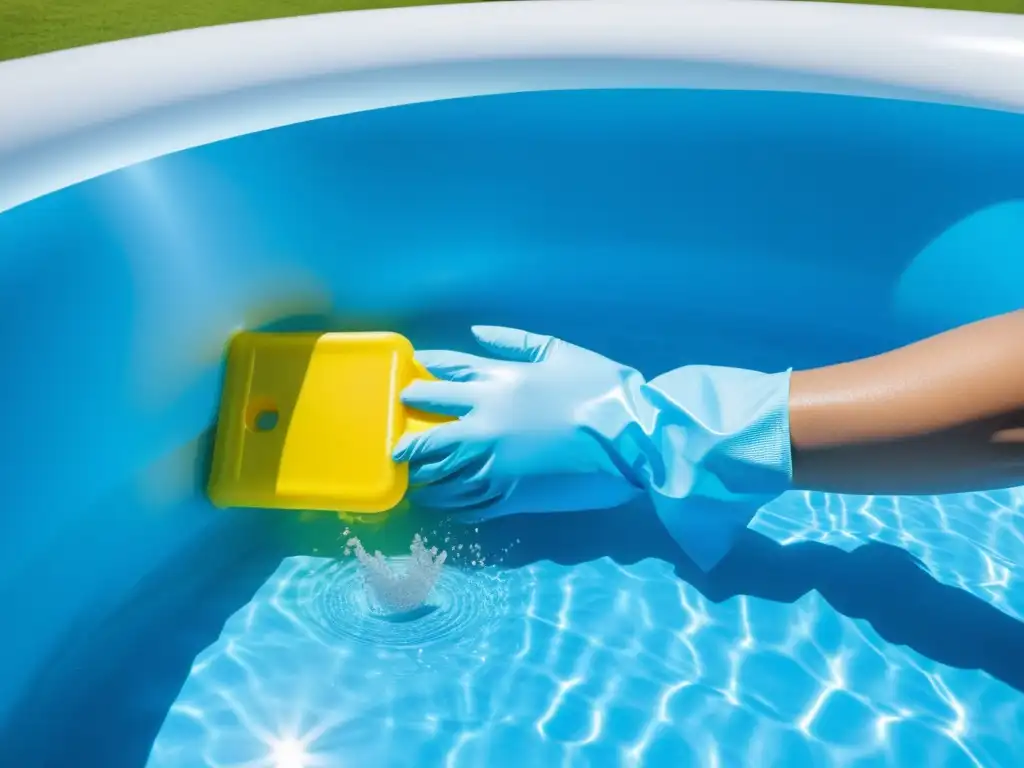 Brillante limpieza de piscina inflable con guantes de goma Persona limpiando meticulosamente el interior de una piscina inflable, manteniendo la filtración limpia y el ambiente impecable