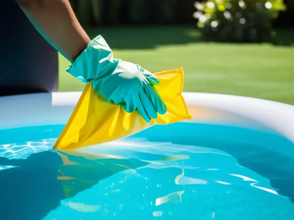Limpieza y mantenimiento de piscina inflable: protección y enfoque Persona limpia piscina inflable con skimmer, enfoque y detalles resaltan la importancia del mantenimiento piscinas inflables filtración limpia