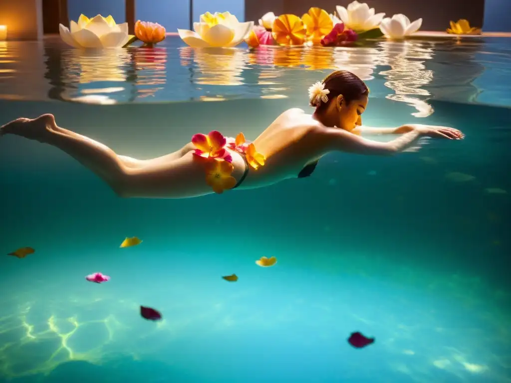 Sumersión relajante en piscina con terapia de hidromasaje Una persona disfruta de una sesión de hidroterapia en una piscina tranquila, rodeada de luz cálida
