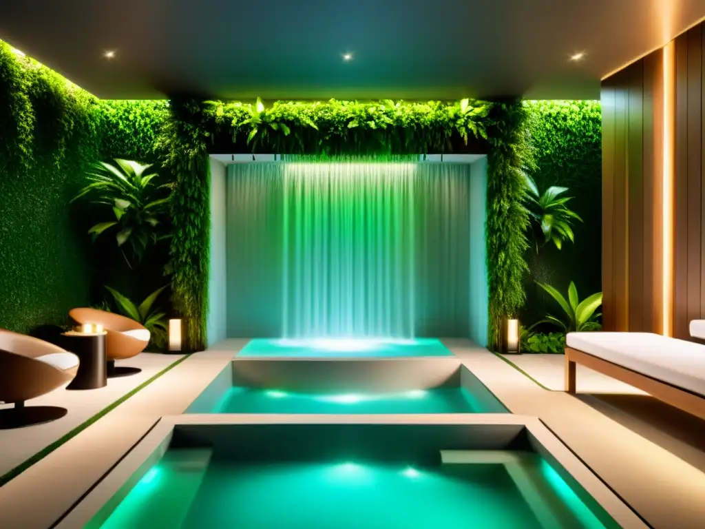 Personalización de controles en un lujoso spa moderno con tecnología Smart Home, rodeado de exuberante vegetación y luces ambientales, creando un ambiente tranquilo e invitador para relajación y rejuvenecimiento