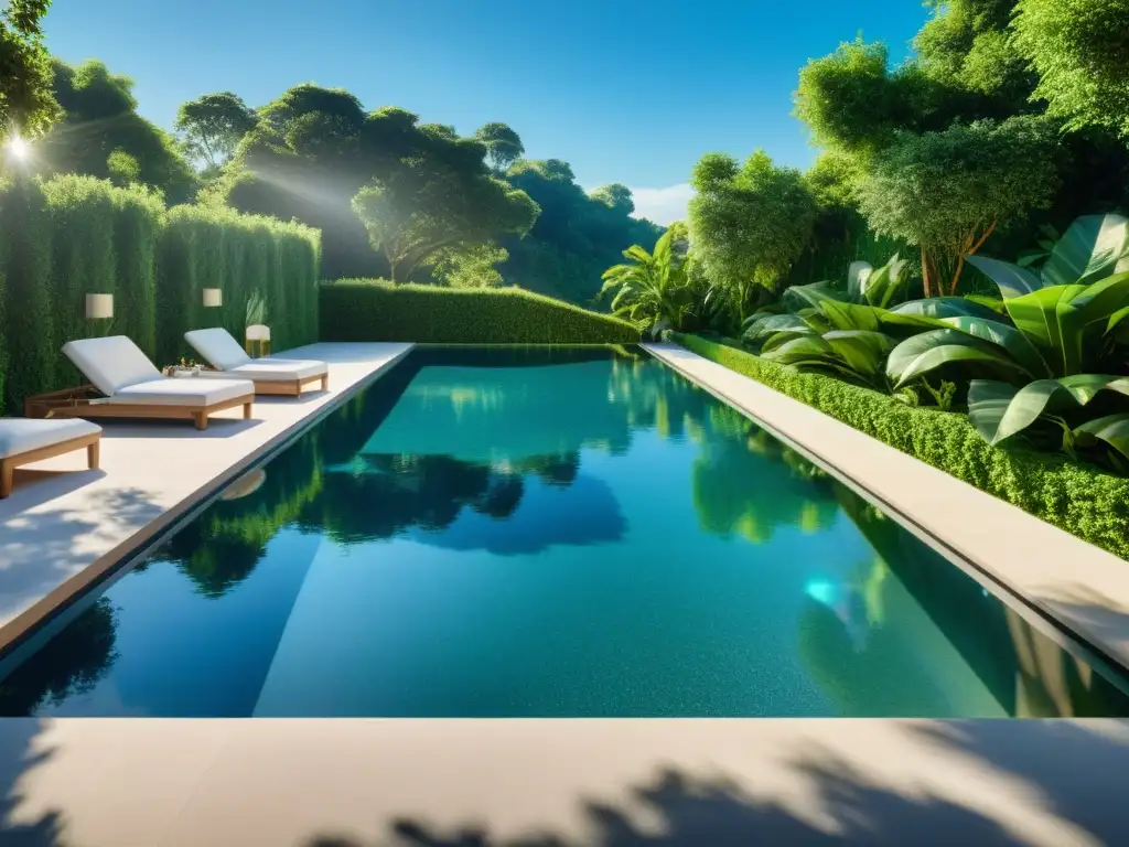 Piscina cristalina bajo el cielo azul: un oasis iridiscente Una piscina de agua cristalina reflejando el cielo azul, rodeada de exuberante vegetación y bañada por la luz del sol