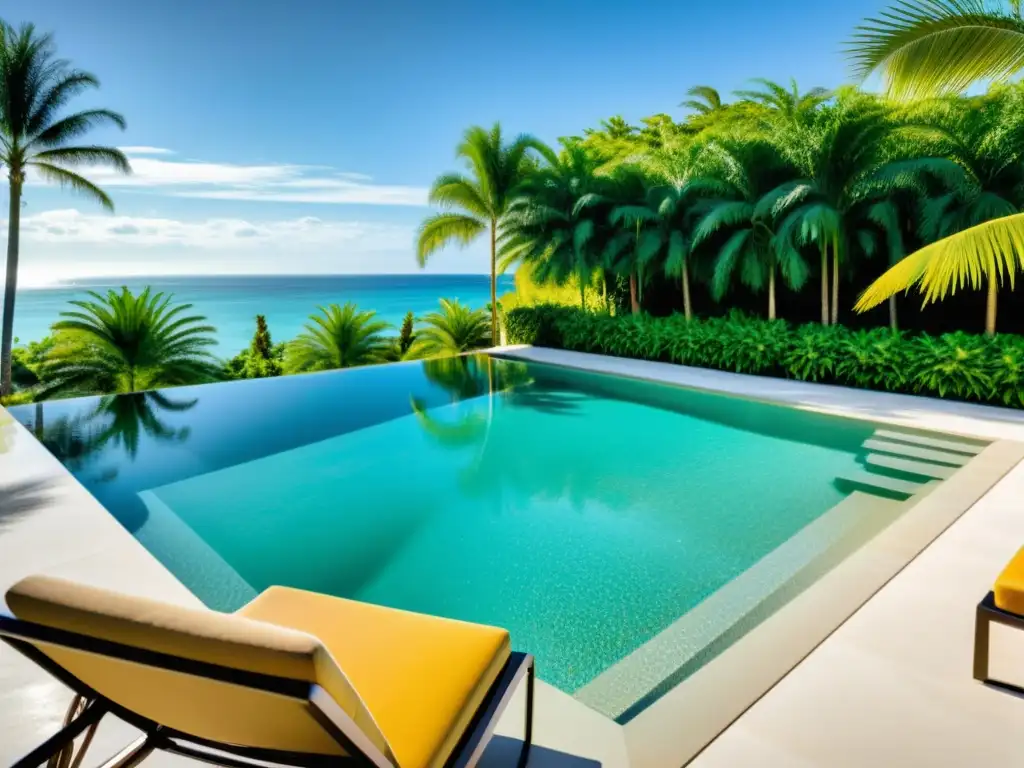 Piscina de lujo con agua turquesa y palmeras Una piscina de aguas turquesas, rodeada de palmeras y tumbonas coloridas