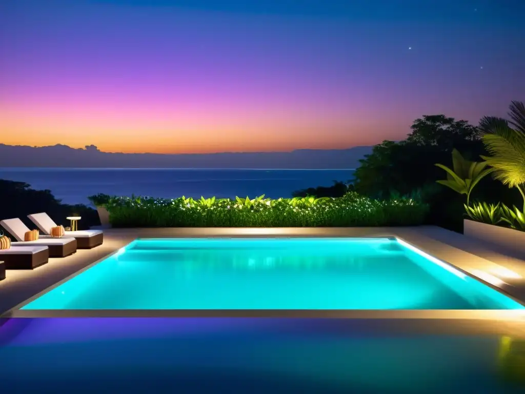 Piscina de lujo con luces LED subacuáticas en la noche Una piscina al aire libre de lujo y moderna por la noche, iluminada con luces LED submarinas en vibrantes colores