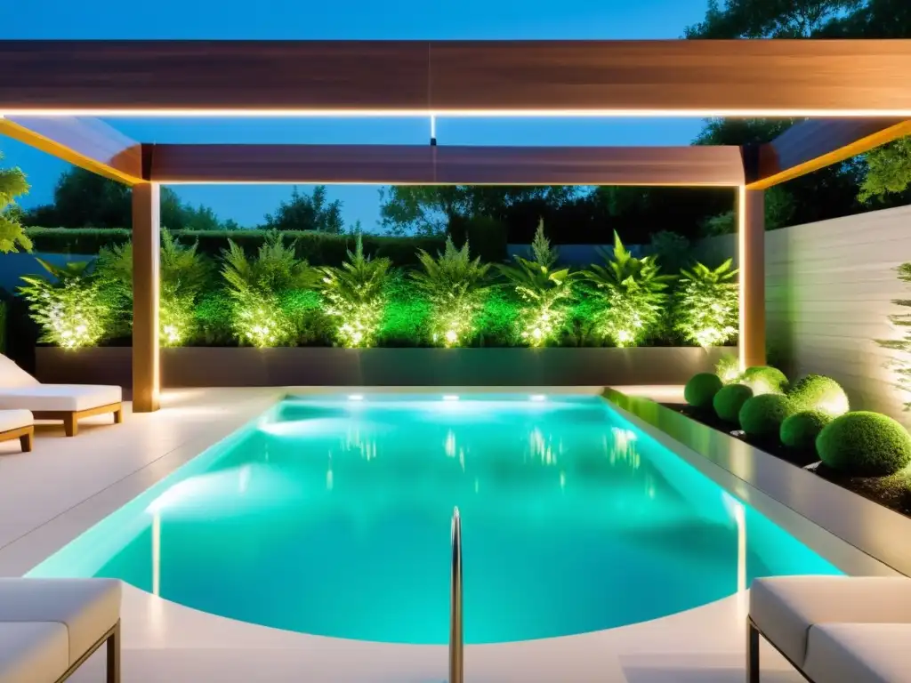 Piscina moderna iluminada con luces LED | Ambiente cautivador Una piscina al aire libre moderna, iluminada con luces LED estratégicamente ubicadas, rodeada de cómodas tumbonas y exuberante vegetación