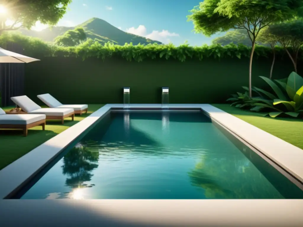 Moderna tecnología de filtración para piscinas con ambiente de lujo Una piscina de alta tecnología rodeada de vegetación exuberante