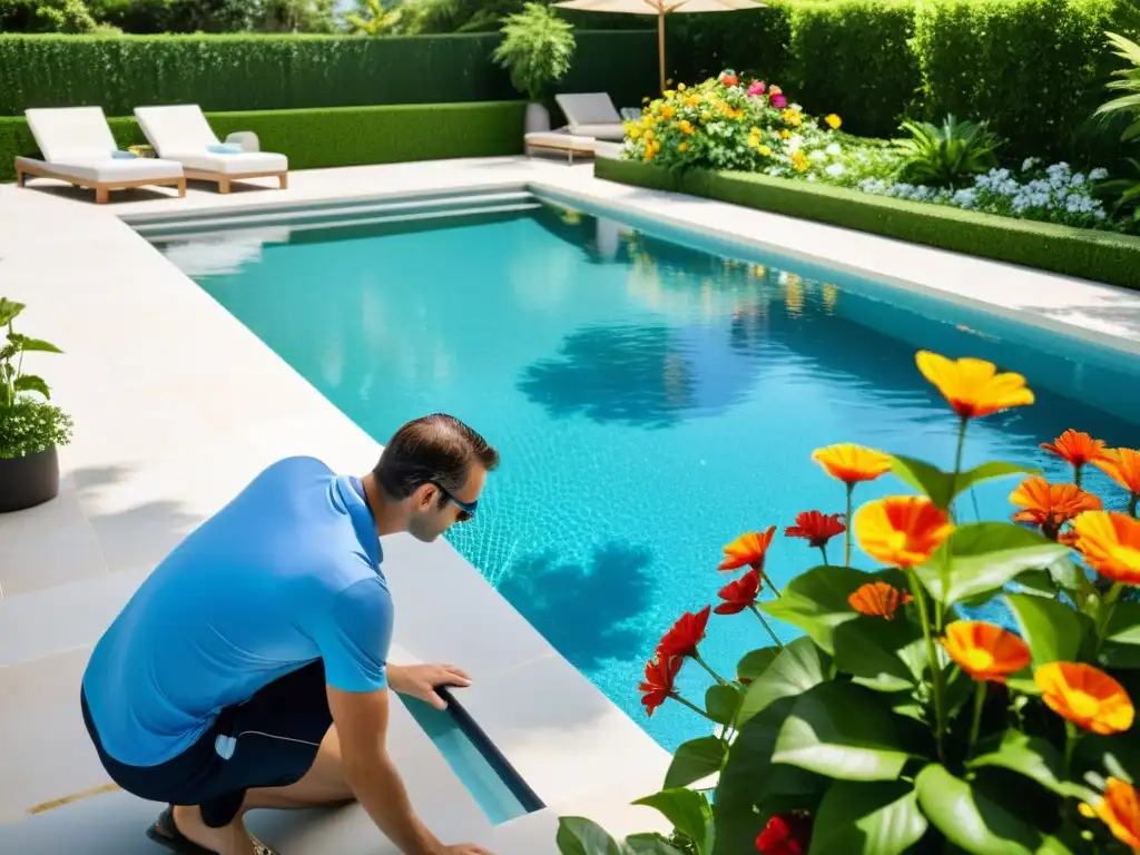 Piscina cristalina y reparación profesional Una piscina azul brillante bajo el sol, rodeada de exuberante vegetación y flores vibrantes