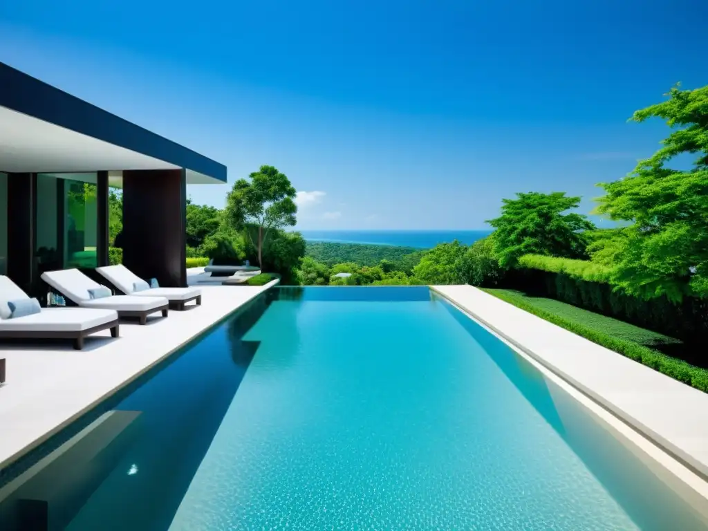Piscina de lujo con borde de cristal y paisaje sereno Piscina con borde desbordante de cristal, integrada con la naturaleza y rodeada de lujo y sofisticación