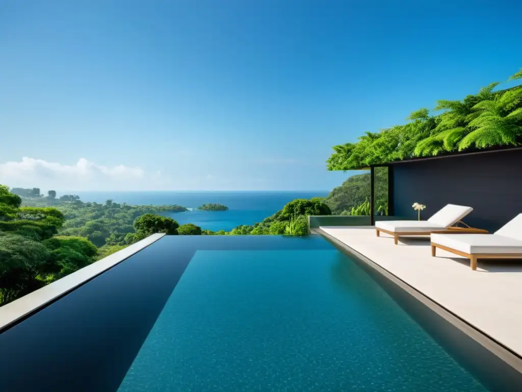 Increíble piscina de borde infinito en 8k Piscina con borde desbordante en un entorno de lujo y naturaleza exuberante