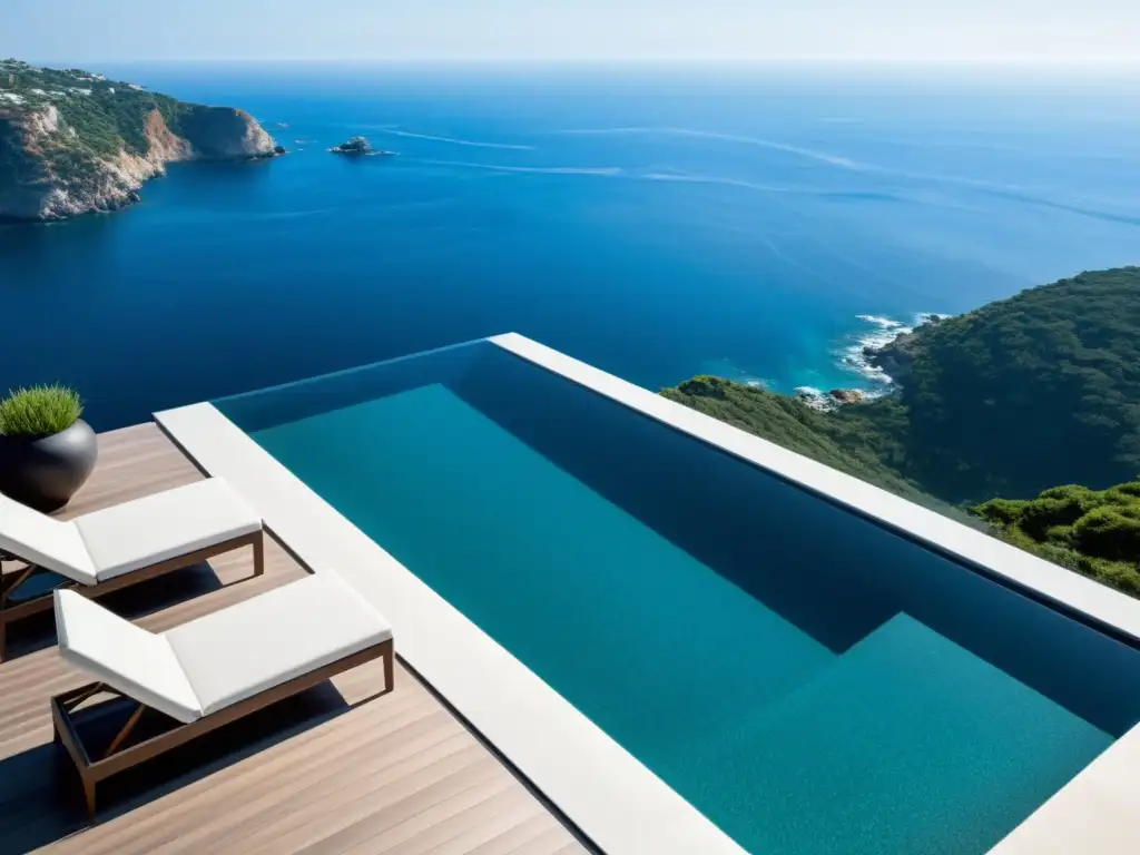 Piscina infinita de lujo con vistas a la costa Una piscina con bordes desbordantes de diseño moderno y lujoso, con vistas a un paisaje costero impresionante
