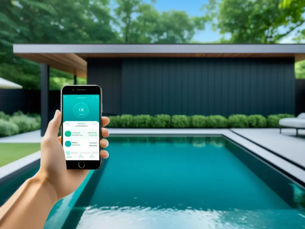 Piscina inteligente: notificación de calidad del agua y temperatura Una piscina de casa inteligente con diseño minimalista, notificando al propietario sobre la calidad del agua y la temperatura