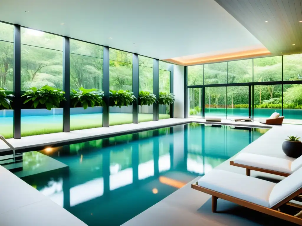 Espléndida piscina climatizada en casa Una piscina climatizada para hogar, moderna y elegante, rodeada de lujosas sillas y exuberante vegetación, bañada en luz natural