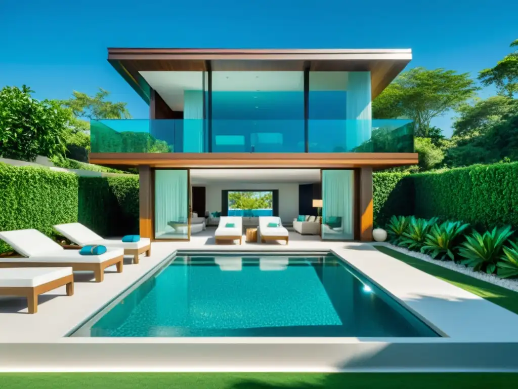 Una piscina cristalina con agua turquesa reluciente, rodeada de exuberante vegetación y elegantes tumbonas modernas